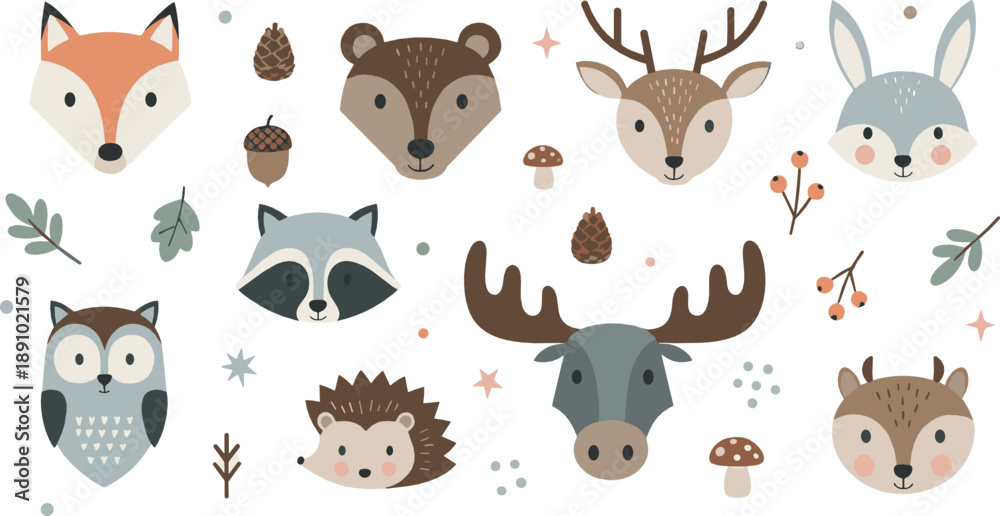Naklejka premium Cute woodland animal face vector set with fox, bear, deer, moose, raccoon, owl, hedgehog, autumn leaves, and forest cartoon characters