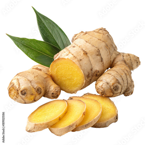 Fresh ginger root with leaves and slices