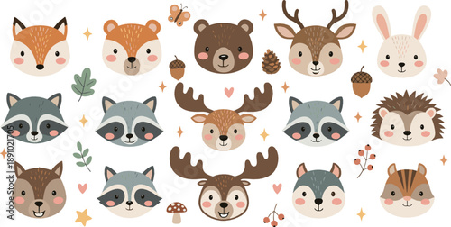 Cute woodland animal face vector set with fox, bear, deer, raccoon, moose, hedgehog, autumn leaves, and adorable forest cartoon characters