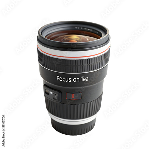 Camera lens mug with Focus on Tea text