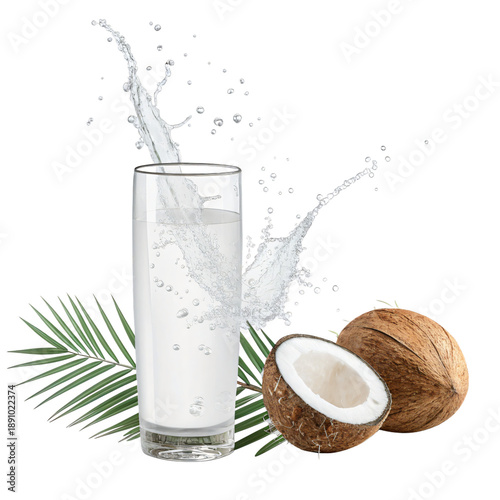 Refreshing coconut water splashing into a clear glass