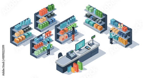 Isometric grocery store interior with shelves, products, cashiers, and customers shopping for groceries, retail concept illustration