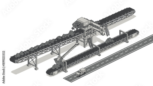 Industrial conveyor belt system with road metal structure and black material transport