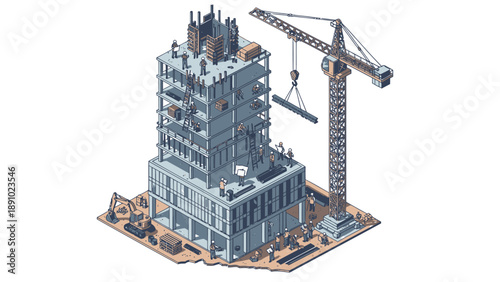 Construction site with crane building high rise structure with scaffolding and workers