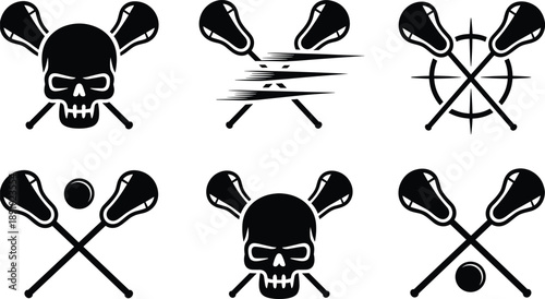 Lacrosse skull crossed sticks silhouette vector set with aggressive sports emblems, pirate style team logos isolated on white background