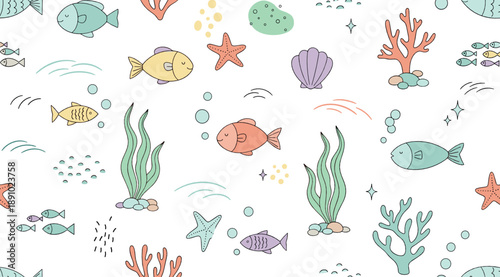 Cute pastel ocean pattern vector set with colorful fish, coral, seaweed, starfish, bubbles, and playful underwater cartoon elements
