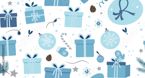 Blue winter Christmas vector set with gift boxes, snowflakes, ornaments, candy canes, pine cones, and festive holiday decorative elements