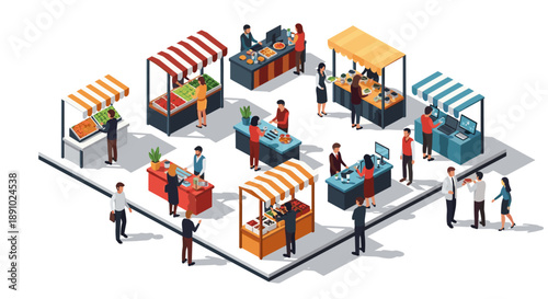 Vibrant Isometric Street Market Scene Illustration with Diverse Vendors and Shoppers Engaging in Lively Outdoor Commerce and Daily Life Activities