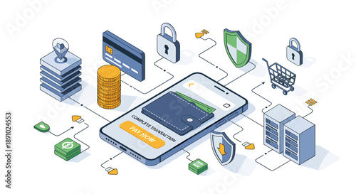 Secure digital payment and online transaction management with mobile wallet and data protection icons