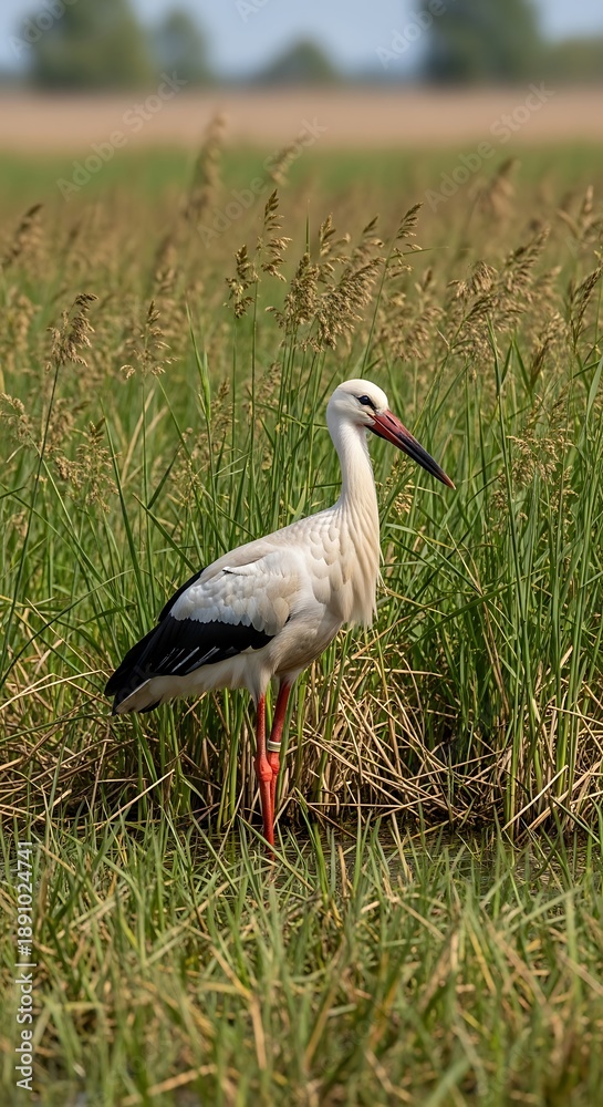 Fototapeta premium White Stork Standing Gracefully in Lush Green Field on a Sunny Day.