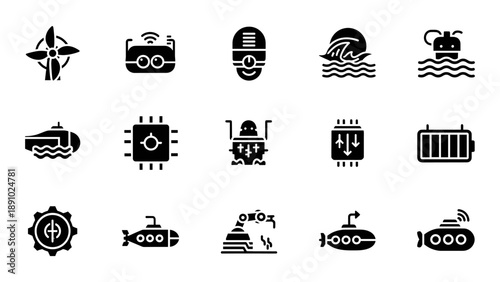 Collection of Black and White Icons Representing Various Underwater and Maritime Elements