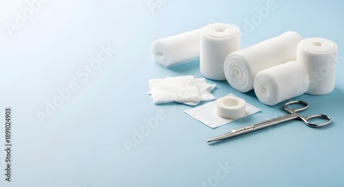 Sterile wound dressing supplies and essential medical instruments on a clean blue background, illustrating a comprehensive first aid and healthcare medicine concept.