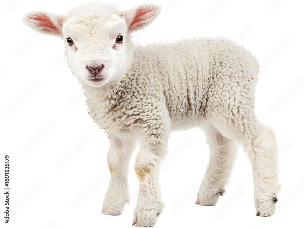 Obraz premium Cute young lamb standing isolated on transparent background. Farm animal concept symbolizing innocence, nature, rural life and agriculture.
