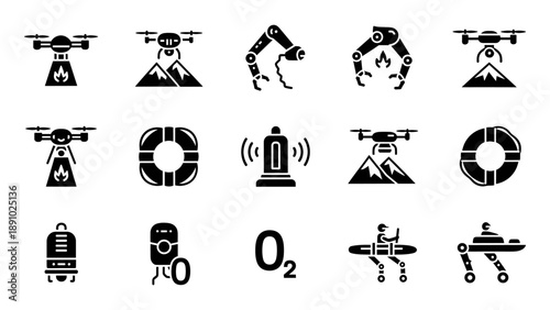 Drone icons set with various industrial and technological symbols surrounding oxygen representation
