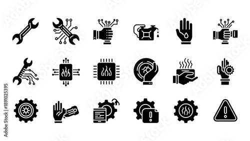 Collection of black icons representing technology and machinery on a white background viewed from directly above