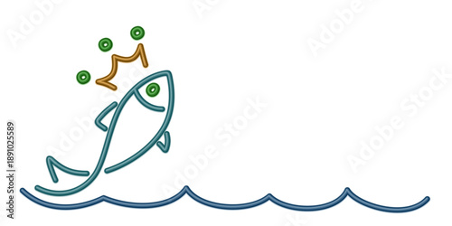 Symbol of fish with crown and wave.
