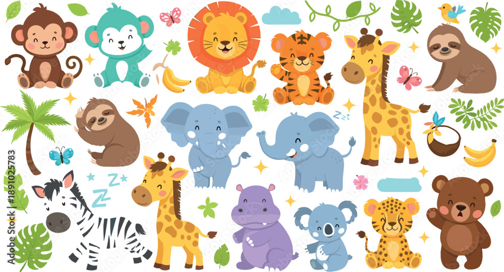 Fototapeta premium Cute baby jungle animals vector set with lion, elephant, giraffe, monkey, sloth, zebra, tiger, and adorable cartoon wildlife characters
