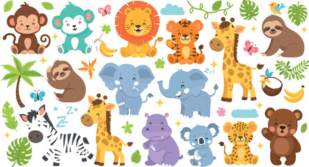 Foto auf Acrylglas Zoo Cute baby jungle animals vector set with lion, elephant, giraffe, monkey, sloth, zebra, tiger, and adorable cartoon wildlife characters  © Sanjida