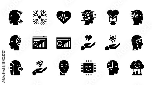 Collection of abstract human head icons representing various concepts and emotions in black and white illustration