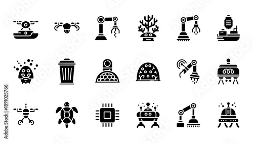 Set of robotic icons representing various machines and technology