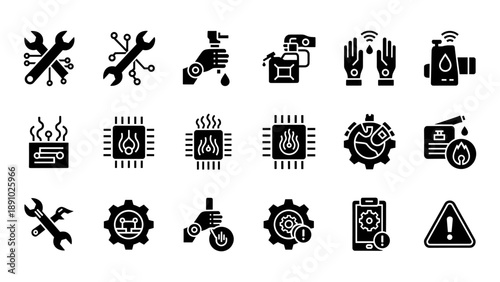 Collection of technical icons representing industry and technology