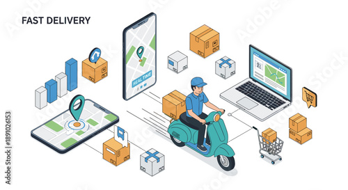 Seamless E-commerce Logistics Isometric Illustration of Rapid Delivery Service with Online Tracking and Mobile Order Management