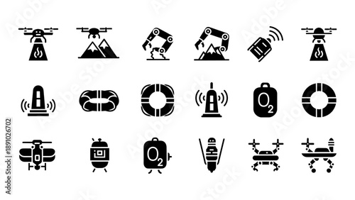 Various technology icons representing different devices and machinery in a grid layout, showcasing illustrations of technology, machinery, devices, equipment, and robotics