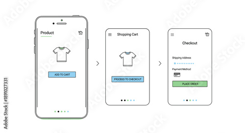 Mobile E-commerce App Screens Product Page, Shopping Cart, and Checkout Process