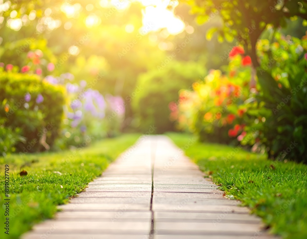 Naklejka premium Stone path leads through a colorful garden, bright sunlight ahead