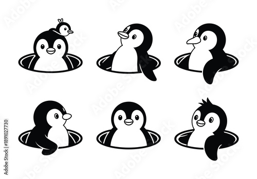 Adorable Cartoon Penguins Peeking Out of Holes Vector illustration