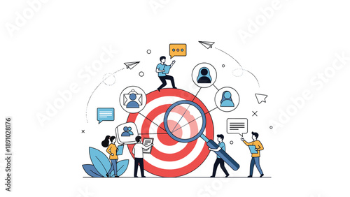 Marketing strategy illustration showing a team of professionals working together around a large target with a giant magnifying glass.
