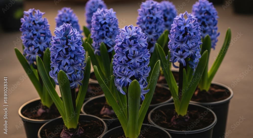 Obraz premium Vibrant Blue Hyacinth Flowers Blooming in Pots, Ready for Spring Gardening and Gifting, Highlighting a Wholesale Floral Display Concept.