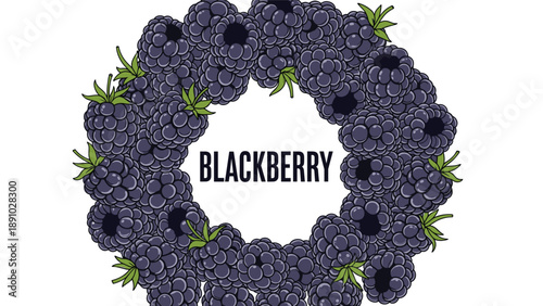 Decorative wreath made of ripe blackberries and green leaves with bold typography in the center on a plain white background.