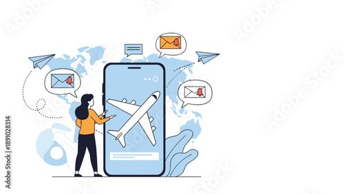 Modern traveler using a smartphone application for flight bookings with an airplane icon and international map in the background.