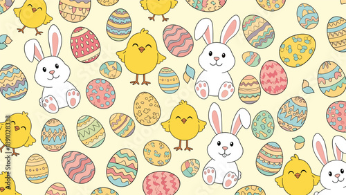 Cheerful easter pattern with cute white bunnies, fuzzy yellow chicks, and colorful patterned eggs on a soft yellow background.