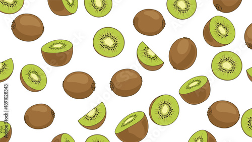 Refreshing fruit pattern featuring whole fuzzy kiwis and vibrant green slices with black seeds on a white background.