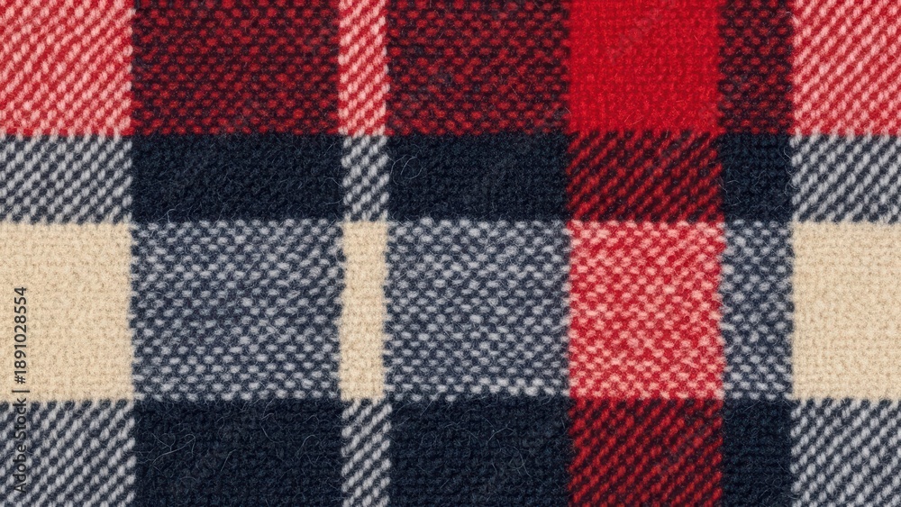 Fototapeta premium Close-up of red, navy, and cream plaid woolen fabric pattern in checkered design for textiles and fashion