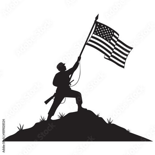 Silhouette of a Soldier Raising American Flag on Hilltop - Patriotism and Victory