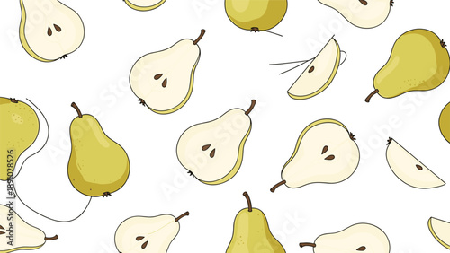 Refreshing fruit pattern featuring whole light green pears and halved fruits showing seeds on a white background.