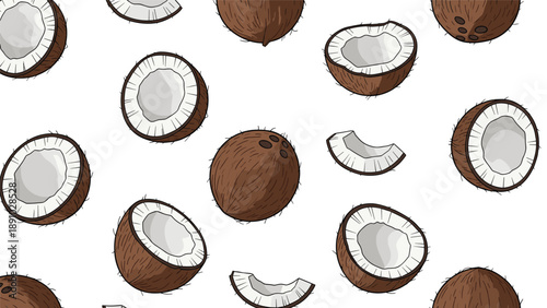Tropical fruit pattern with whole hairy brown coconuts, cracked halves, and small pieces on a white background.