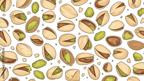 Detailed nut pattern with whole pistachios in shells and bright green shelled kernels scattered on a white background.