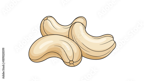 Trio of large creamy white cashew kernels arranged in a cluster on a plain white background for food advertising.