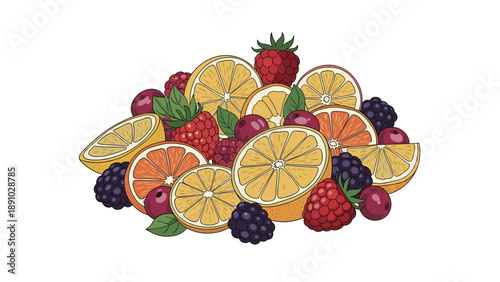 Abundant pile of sliced citrus fruits including oranges, lemons, and grapefruits mixed with fresh raspberries and blackberries together.