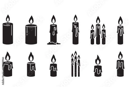 Candle Icon Set - Burning Wax Candles with Dripping Wax and Flames Vector Silhouette Collection
