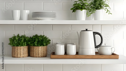 Wallpaper Mural Scandinavian Kitchen Shelf With Coffee Mugs, Teapot, And Greenery, Minimalist Home Interior Featuring Natural Materials, Warm Neutrals, And Cozy Nordic Decorative Style Torontodigital.ca