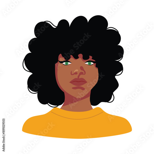 Black woman face avatar. African-American female character with afro fuzzy fluffy hair curls, hairstyle. Girl head portrait. Young person, modern user profile. Flat vector illustration isolated.