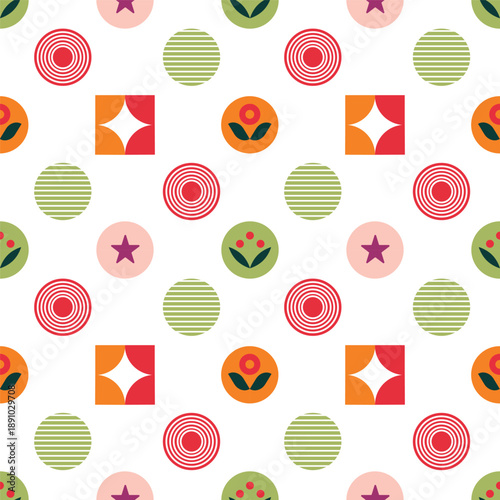 Abstract geometric bauhaus vector
seamless pattern with star, circle, stripes, flowers, leaves.Isolated elements on white background.
