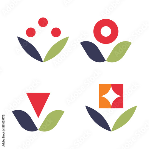 Abstract geometric bauhaus vector flowers set.Isolated elements on white background.