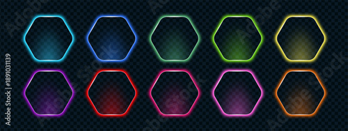 Neon call action hexagon frame set in multicolor glowing tones: blue, green, yellow, red, pink and orange. Futuristic luminous polygon shapes for UI elements.