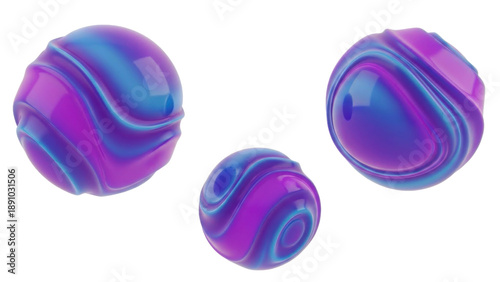 Dynamic abstract 3d spheres with fluid purple and blue swirling patterns on a black background